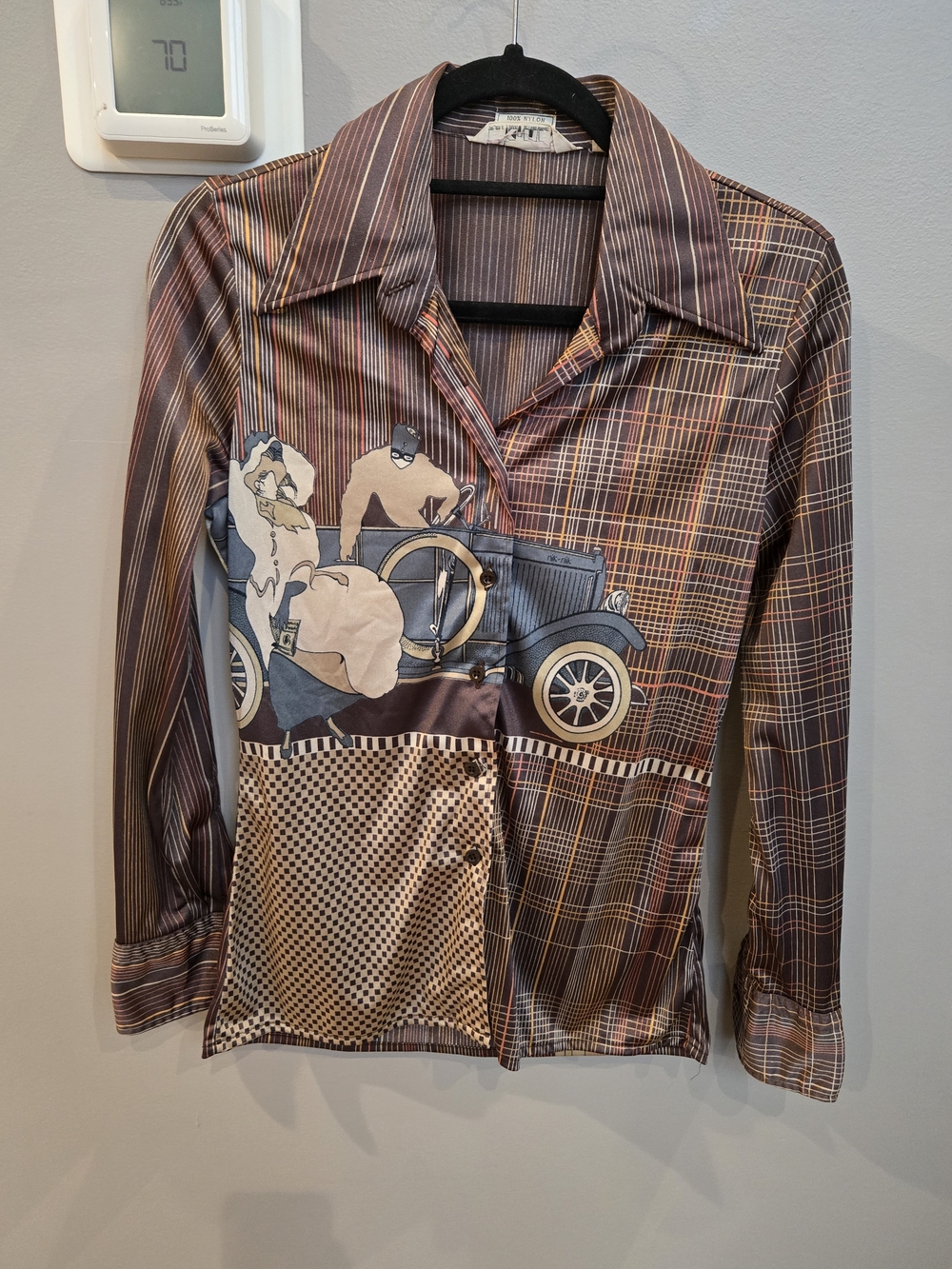 Vintage 70s Nik-Nik Italy Novelty Print Disco Shirt Classic Car Flapper Top 12